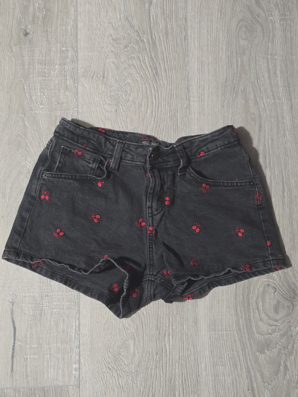 wild fable Black Denim Shorts with Red Cherry Embroidery